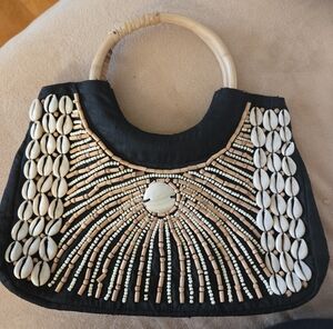 White House Black Market  Beaded Cowrie Shell Bag with Bamboo Handles